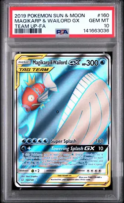 2019 POKEMON SUN & MOON TEAM UP #160 FULL ART/MAGIKARP & WAILORD GX PSA 10 - Image 1
