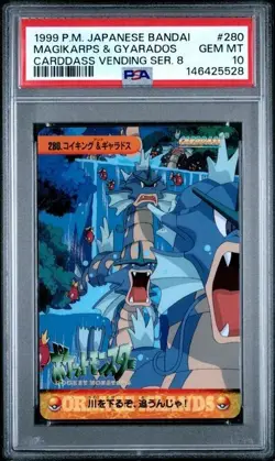 1999 POKEMON JPN BANDAI CARDDASS VENDING SER 8 #280 MAGIKARPS & GYARADOS PSA 10 - Image 2