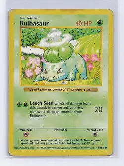 Bulbasaur 44/102 Common Base Set Shadowless Pokemon Heavily Played - Image 1