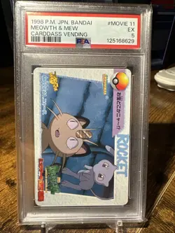 1998 Pokemon Japanese Bandai Animae Carddass Vending Movie 11 Meowth & Mew PSA 5 - Image 1