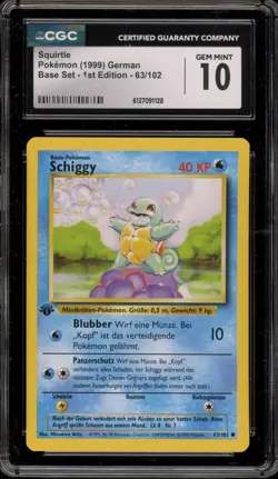 Pokemon Squirtle (Schiggy) Base Set 1st Edition GERMAN #63 CGC 10 Gem Mint - Image 1