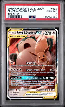 2019 POKEMON SUN & MOON TEAM UP #120 EEVEE & SNORLAX GX PSA 10 - Image 1