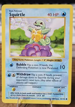 Vintage Pokemon Shadowless Base Set WoTC Squirtle Card #63/102 - Image 1