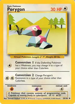 Porygon 39/102 Uncommon Base Set Unlimited Pokemon Moderately Played - Image 1