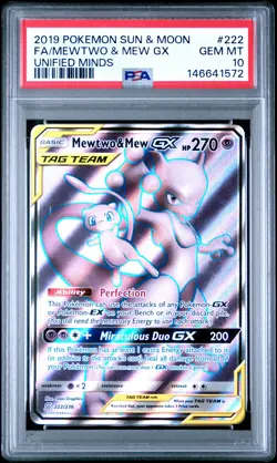 2019 POKEMON SUN & MOON UNIFIED MINDS #222 FULL ART/MEWTWO & MEW GX PSA 10 - Image 1