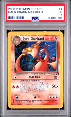 SWIRL PSA 1 PR 2000 Pokemon Team Rocket Dark Charizard 4/82 Holo Foil Rare WOTC - Image 1