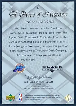 1999-00 Upper Deck Black Diamond A Piece of History John Stockton #JS Utah Jazz - Image 2