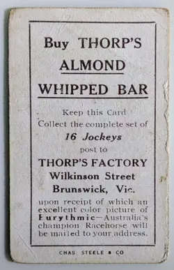 1922 Thorp's Factory Almond Whipped Bar Card Jockeys Nightwatch & Duncan - Rare - Image 2