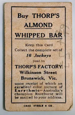 1922 Thorp's Factory Almond Whipped Bar Card Jockeys Cotswold & A. Doy - Rare - Image 2