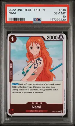 2022 ONE PIECE OP01-ROMANCE DAWN PRE ERRATA 016 NAMI PSA 10 GEM MINT - Image 1