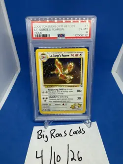 2000 Pokemon Gym Heroes Lt Surge’s Fearow Holo Card PSA 6 #7 - Image 1