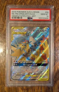 Pokemon TCG Hidden Fates Full Art Moltres & Zapdos & Articuno GX 66/68 PSA 10 - Image 1