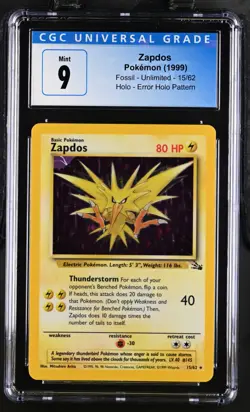 1999 POKEMON FOSSIL UNLIMITED ZAPDOS 15/62 HOLO CGC 9 PSA ERROR HOLO 3964741039 - Image 1