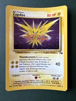 Pokemon TCG Zapdos Fossil Holo Card 15/62 Unlimited Holo Rare - Image 1