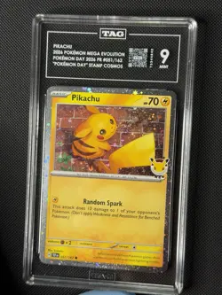 2026 Mega Evolution Pikachu Pokemon Day Stamp Promo Cosmo Holo TAG 9, LOW POP! - Image 1