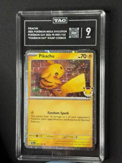 2026 Mega Evolution Pikachu Pokemon Day Stamp Promo Cosmo Holo TAG 9, LOW POP! - Image 2