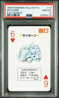 1998 POKEMON YELLOW VERSION PLAYING CARDS 111 RHYHORN 6 OF HEARTS PSA10 POP4 - Image 1
