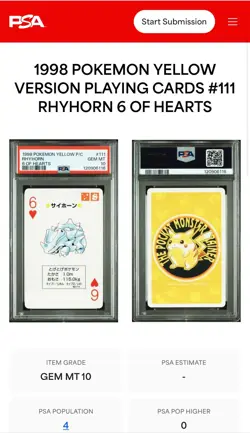 1998 POKEMON YELLOW VERSION PLAYING CARDS 111 RHYHORN 6 OF HEARTS PSA10 POP4 - Image 3
