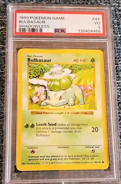Pokemon 1999 Bulbasaur Base Set Shadowless 44/102 Common PSA 3 English TCG Card - Image 1