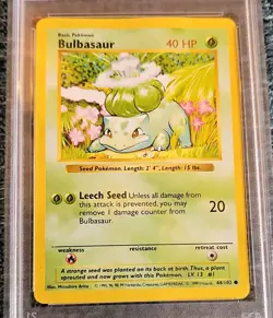 Pokemon 1999 Bulbasaur Base Set Shadowless 44/102 Common PSA 3 English TCG Card - Image 2