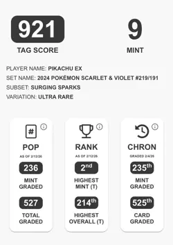 Pikachu ex 219/191 - Pokemon Scarlet & Violet Surging Sparks TAG 9 Mint - Image 2