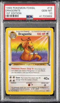 1999 POKEMON FOSSIL 1ST EDITION #19 DRAGONITE PSA 10 - Image 1