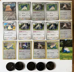 Assorted Pokemon Snorlax Art Lot 14 Cards NM Pokemon Go Holo, Coins, Tin - Image 1