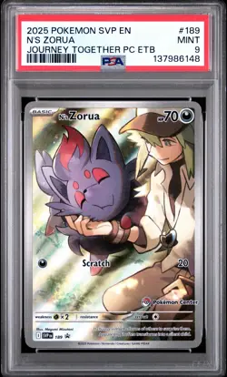 2025 POKEMON JOURNEY TOGETHER POKEMON CENTER ETB PROMO SVP #189 N'S ZORUA PSA 9 - Image 1