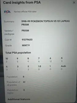Wartortle vs. Lapras Topsun Prism Holo Pokemon #131 BGS 9 - Rare Low Low Pop - Image 4