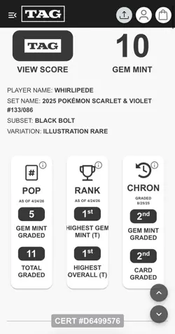 Pokemon TCG Whirlipede IR Black Bolt 133/086 TAG Gem Mint 10 - Image 3