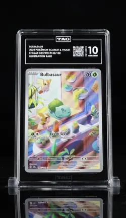 Pokemon TCG Stellar Crown Bulbasaur Holo Rare Card 143/142 IR TAG Gem Mint 10 - Image 1
