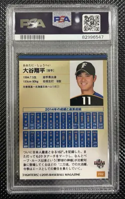 2015 BBM Hokkaido Nippon Ham Fighters Shohei Ohtani #F02 PSA 10 GEM MINT - Image 2