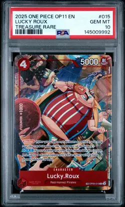 2025 ONE PIECE OP11-A FIST OF DIVINE SPEED TREASURE RARE #015 LUCKY ROUX PSA 10 - Image 1