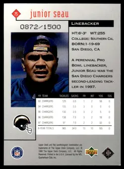 1998 Upper Deck Black Diamond Rookie Edition Triple Junior Seau /1500 San Diego - Image 2