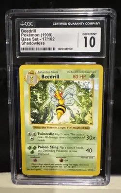 1999 Shadowless Base Set Beedrill Pokemon Card #17/102 Cgc 10 Pop11 not psa10 - Image 1