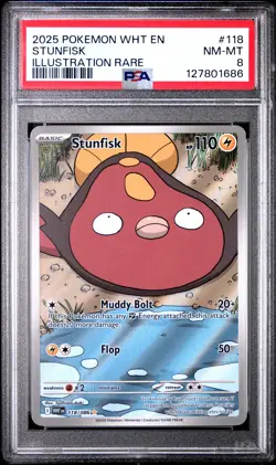 2025 POKEMON WHT EN-WHITE FLARE ILLUSTRATION RARE #118 STUNFISK PSA 8 - Image 1