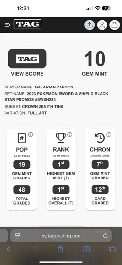 Galarian Zapdos Crown Zenith Black Star Promo SWSH283 Pokemon TAG 10 GEM MINT - Image 5