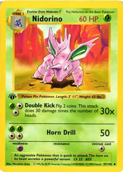 Pokemon TCG Nidorino 37/102 Base Set Shadowless 1st Edition Uncommon DMG - Image 1