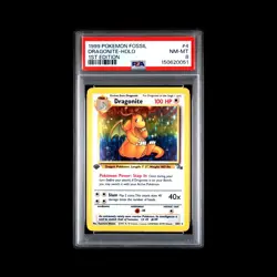 1999 POKEMON FOSSIL 1ST ED #4 DRAGONITE-HOLO PSA 8 NM-MT - PERFECT CENTERING - Image 1