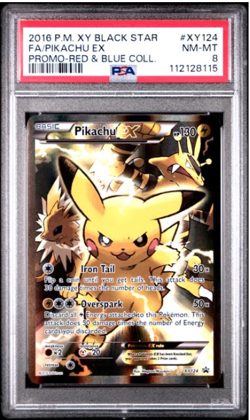 2016 Pokemon Pikachu EX XY124 Full Art PSA 8 NM-MT Red & Blue Collection Promo - Image 1