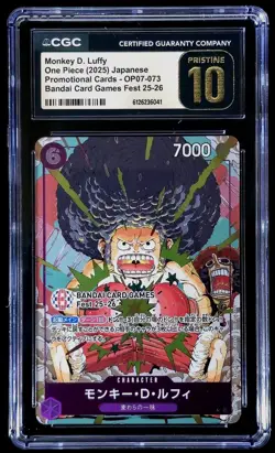 One Piece CGC Pristine 10 Monkey D Luffy OP07-073 Bandai Card Games Fest 25-26 - Image 1