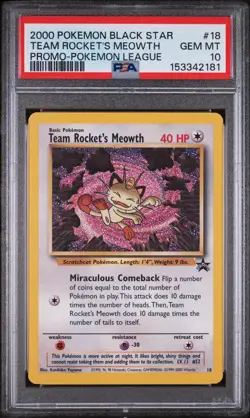 2000 Pokemon Black Star #18 Team Rocket's MEOWTH Promo Pokemon League PSA 10 - Image 1