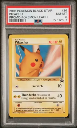 2001 POKEMON PROMO BLACK STAR POKEMON LEAGUE #26 PIKACHU PSA 8 - Image 1