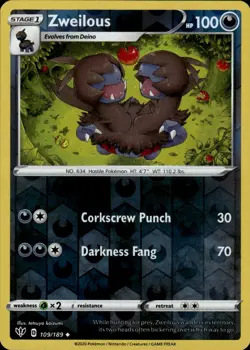 Zweilous Uncommon SWSH03: Darkness Ablaze 109/189 Darkness Reverse Holo Pokemon - Image 1