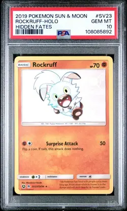 2019 Pokemon Sun & Moon Hidden Fates # SV23 Rockruff Holo PSA 10 Card! GEM MINT! - Image 1