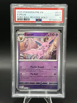 2025 Pokemon Prismatic Evolutions ESPEON #033 Pokeball Reverse Holo PSA 9 - Image 1
