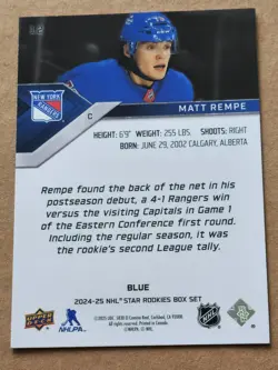 2024-25 Upper Deck Star Rookies Box Set Blue Matt Rempe #12 RC New York Rangers - Image 2