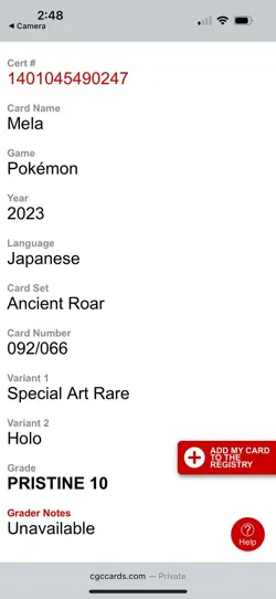 CGC Pristine 10 Mela (092/066) SAR Japanese Pokemon Set Ancient Roar 2023 - Image 3