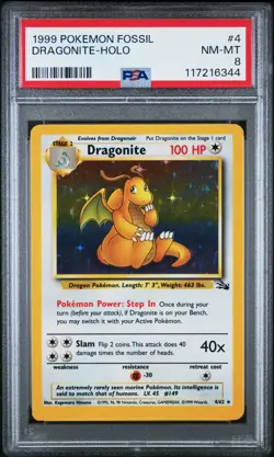 1999 POKEMON FOSSIL #4 DRAGONITE-HOLO PSA 8 - Image 1