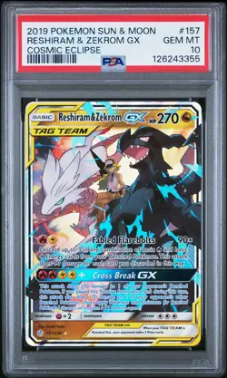 2019 POKEMON SUN & MOON COSMIC ECLIPSE #157 RESHIRAM & ZEKROM GX PSA 10 - Image 1